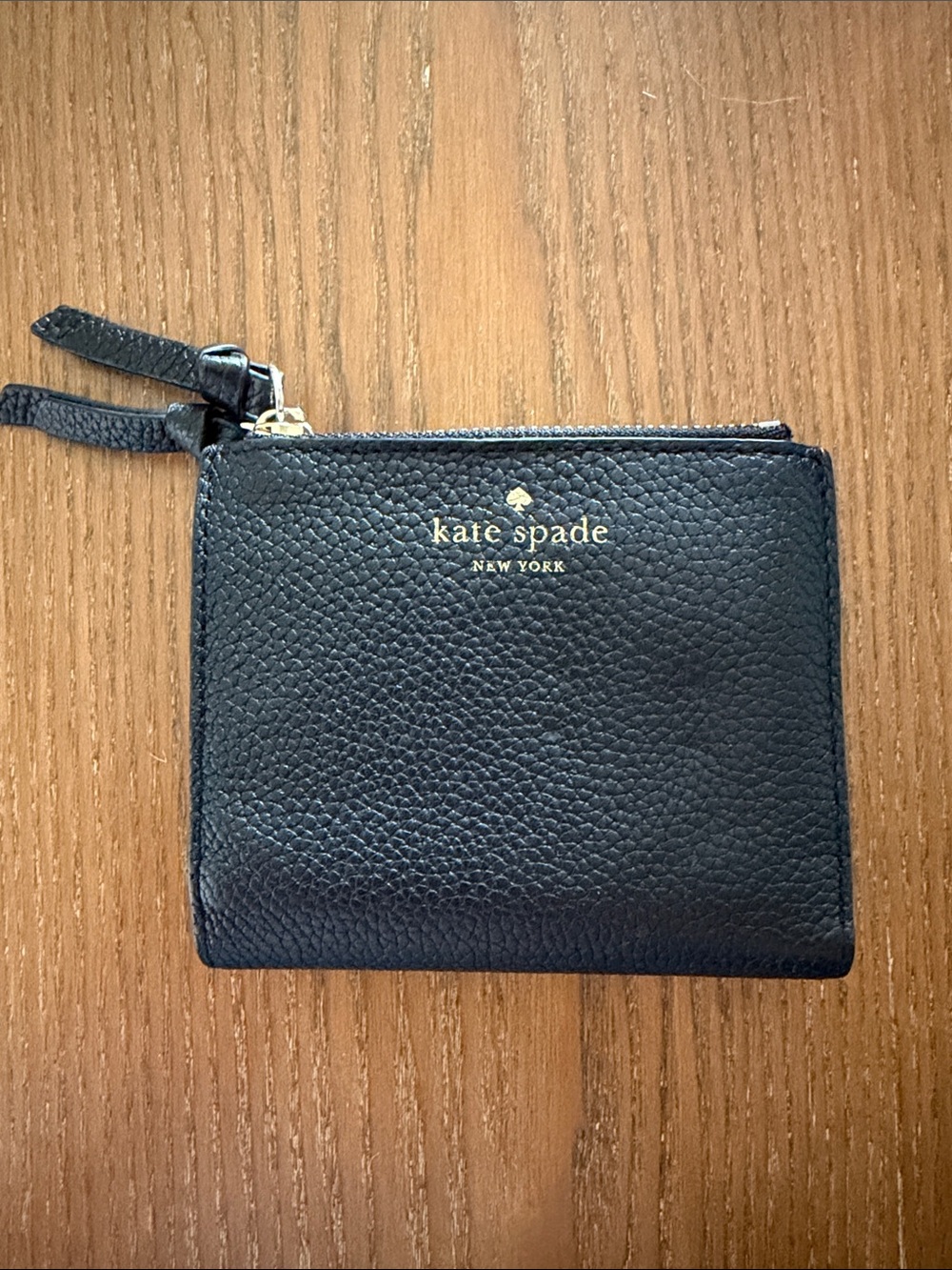 kate spade Black Pebbled Leather Zip Card Wallet with Gold Logo